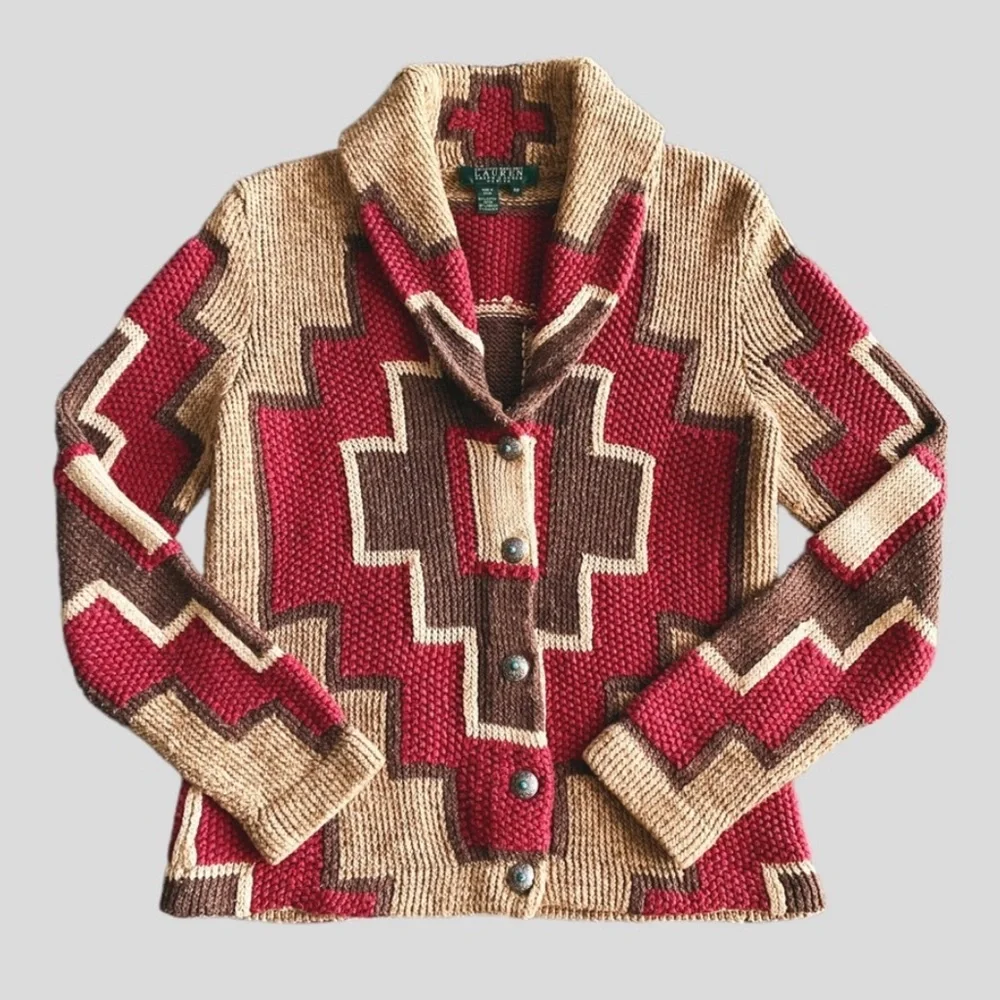 RALPH LAUREN Southwestern Concho Button Vintage Knit Cardigan Size S - Picture 1 of 15